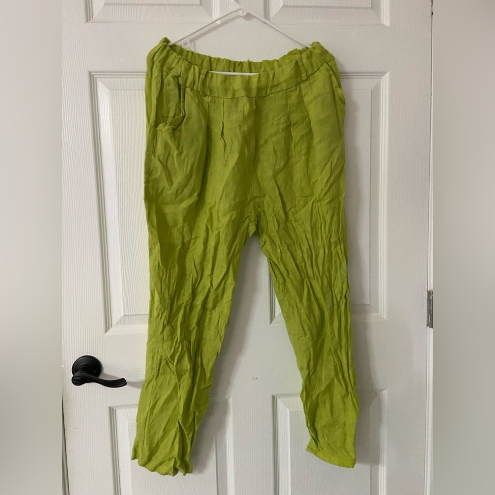 T33a- MAMMA MIA Lime Green LINEN Travel Beachy Costal Pull-On Pants